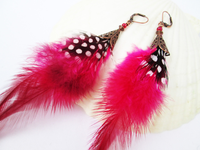 Pink Feather Polka Dot Earrings